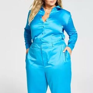 Nina Parker Elegant Electric Blue Women's Button-Up Body Suit